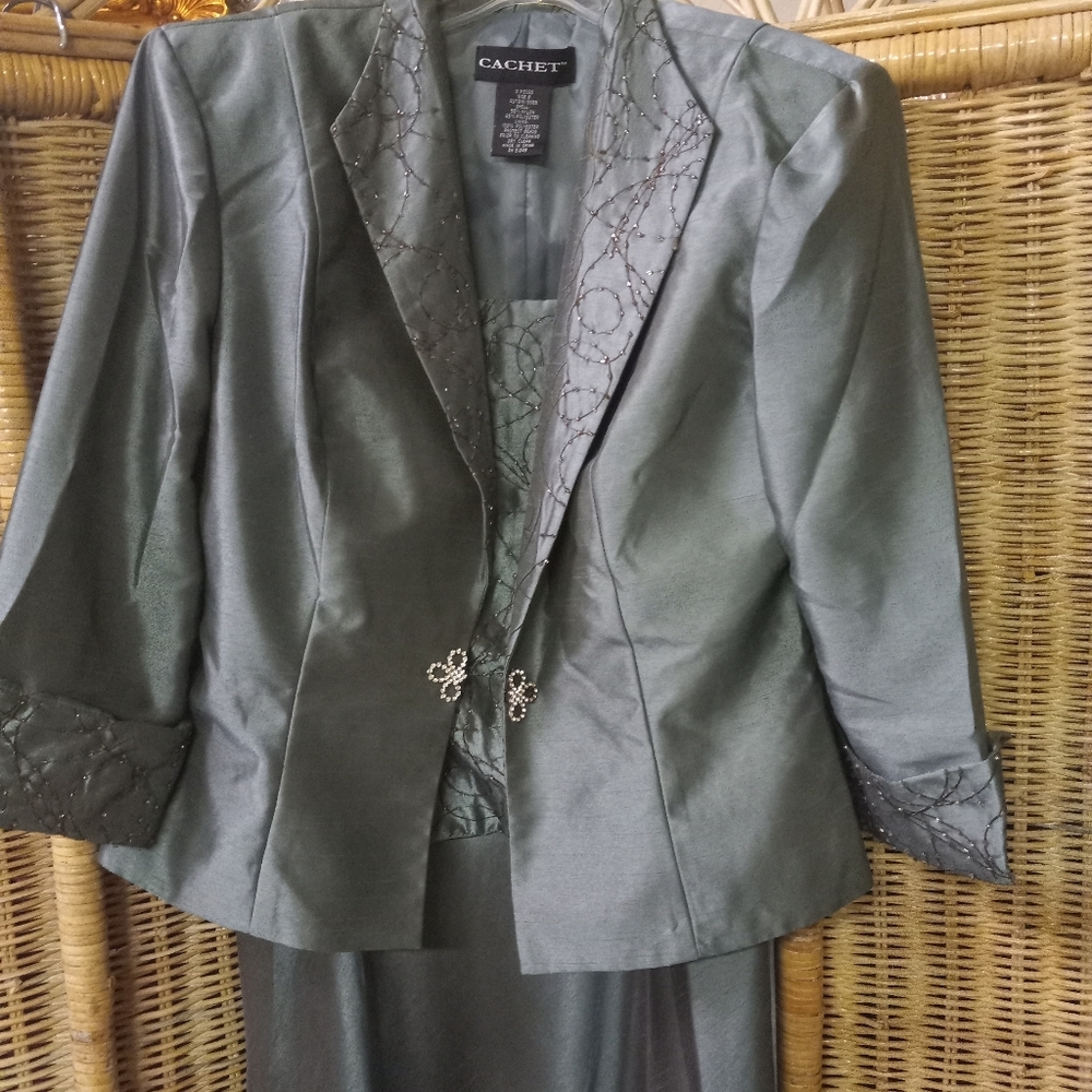 Cachet 2pc Lg Formal Dress Crop Jacket Sage Green Embroider Rhinestones Sz 8/36